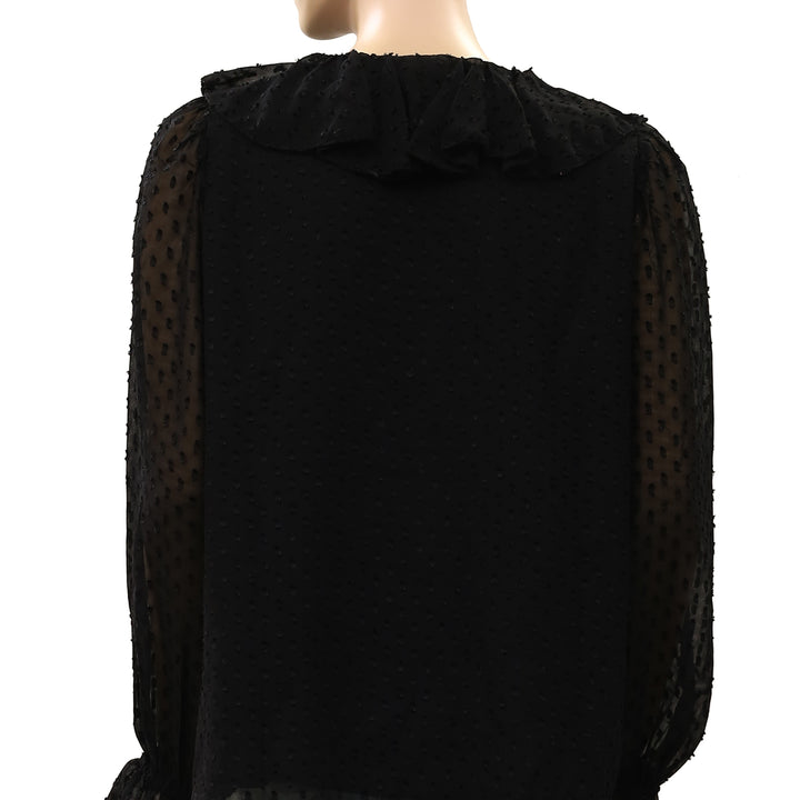 Ro&Zo Black Dobby Ruffle Front Blouse Top