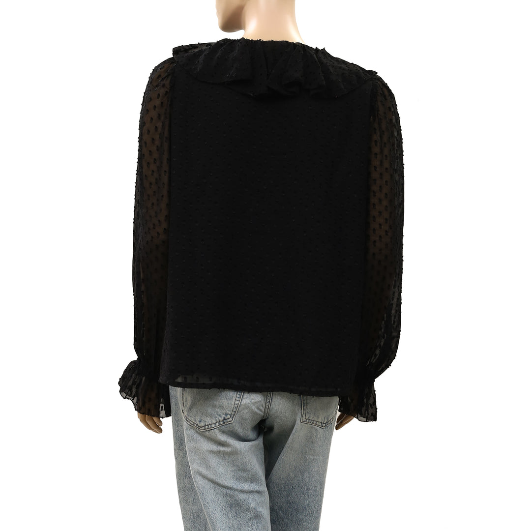 Ro&Zo Black Dobby Ruffle Front Blouse Top