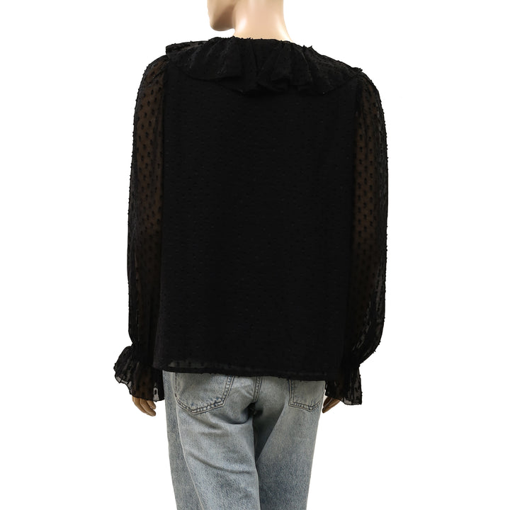 Ro&Zo Black Dobby Ruffle Front Blouse Top
