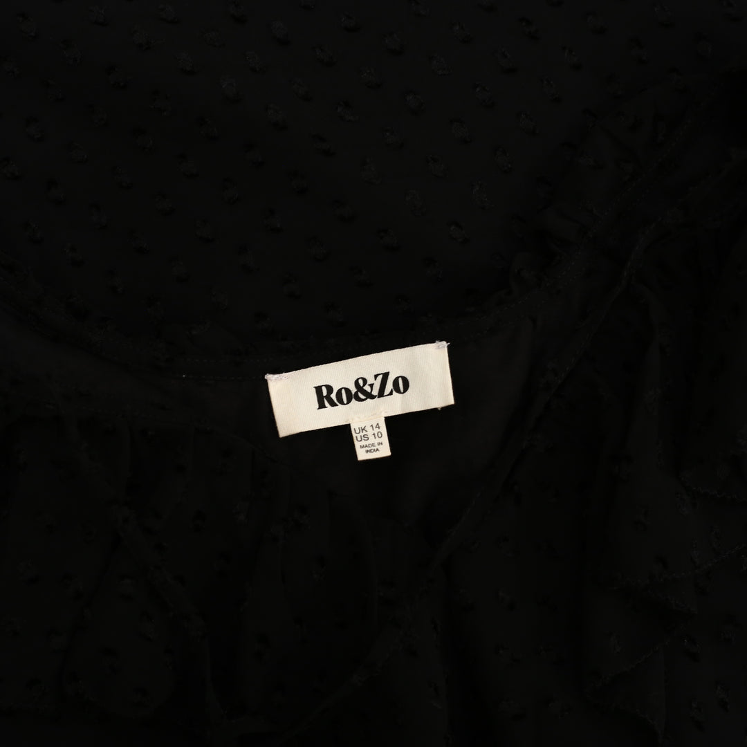 Ro&Zo Black Dobby Ruffle Front Blouse Top