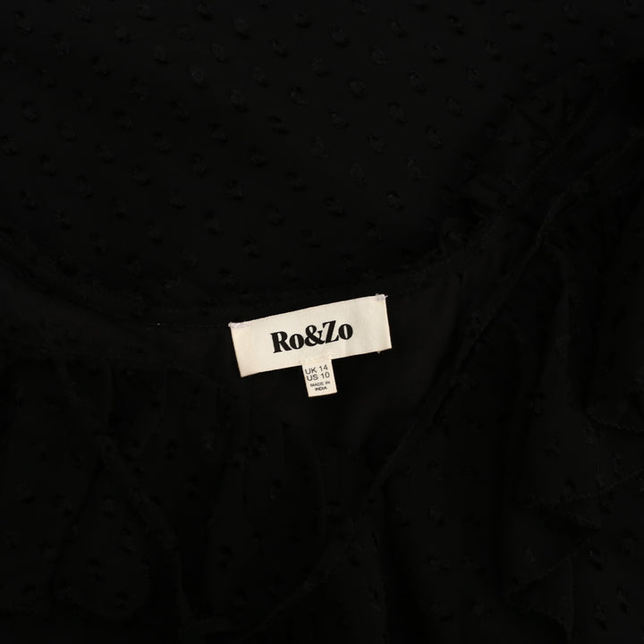 Ro&Zo Black Dobby Ruffle Front Blouse Top