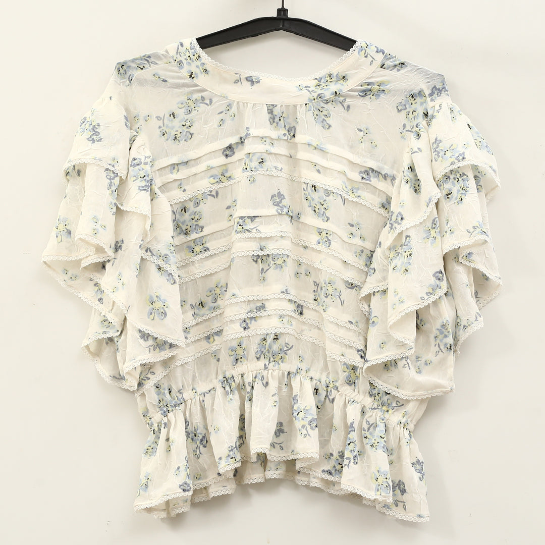 Free People Sheer Floral Printed Lace Ruffle Smocked Blouse Top