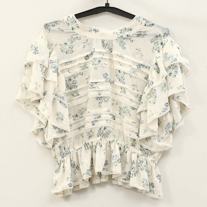 Free People Sheer Floral Printed Lace Ruffle Smocked Blouse Top