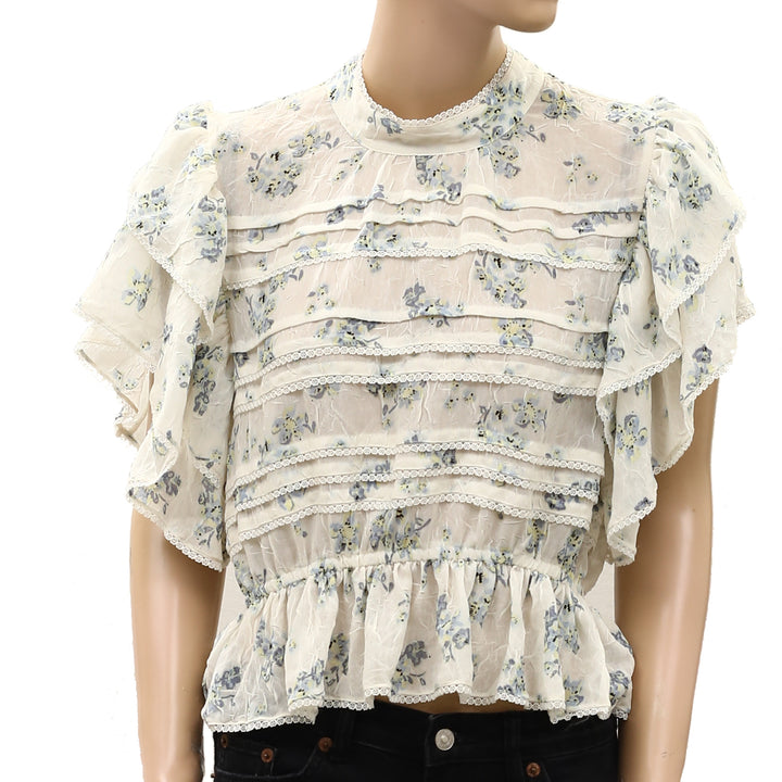 Free People Sheer Floral Printed Lace Ruffle Smocked Blouse Top