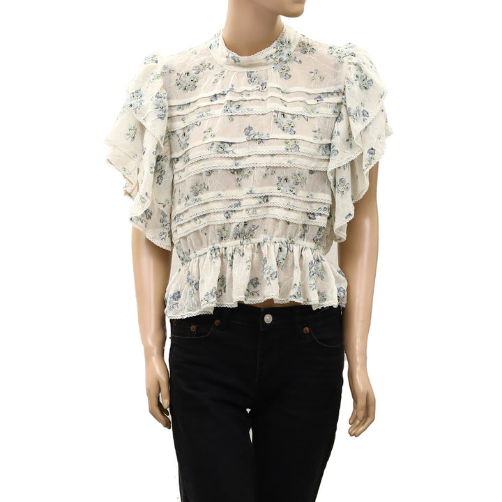 Free People Sheer Floral Printed Lace Ruffle Smocked Blouse Top