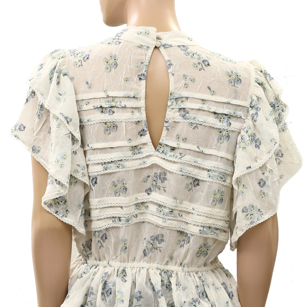 Free People Sheer Floral Printed Lace Ruffle Smocked Blouse Top