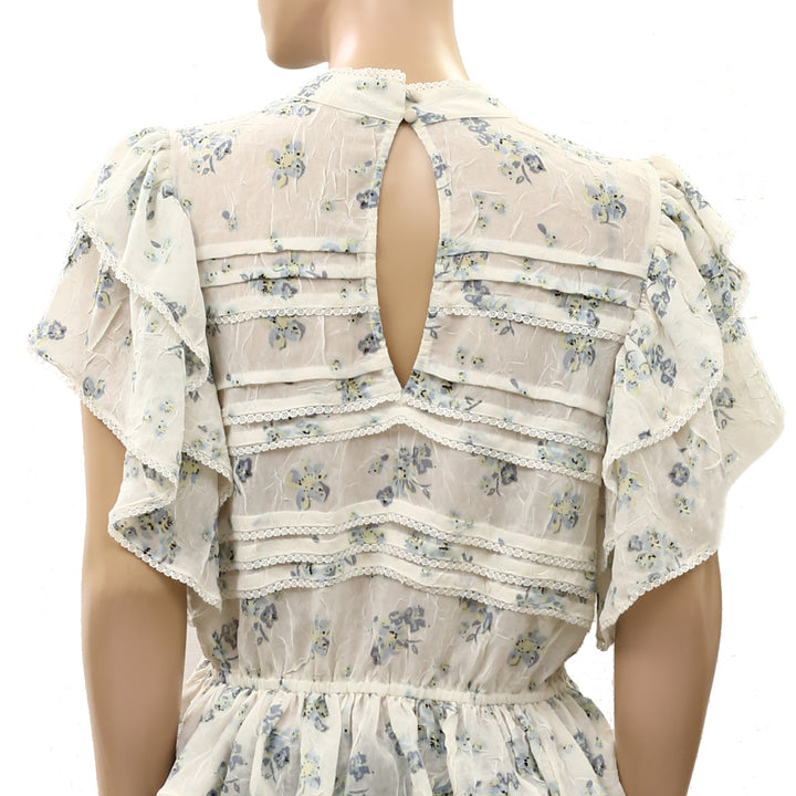 Free People Sheer Floral Printed Lace Ruffle Smocked Blouse Top