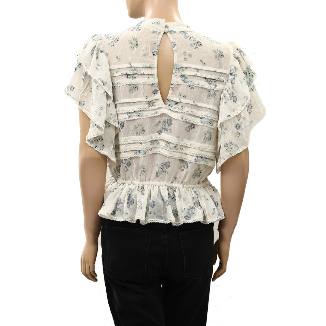 Free People Sheer Floral Printed Lace Ruffle Smocked Blouse Top