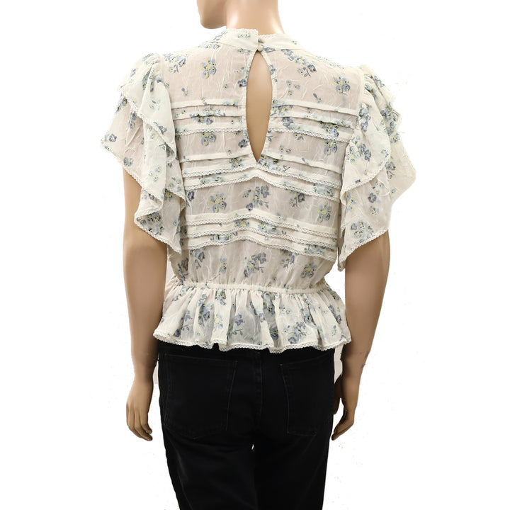 Free People Sheer Floral Printed Lace Ruffle Smocked Blouse Top