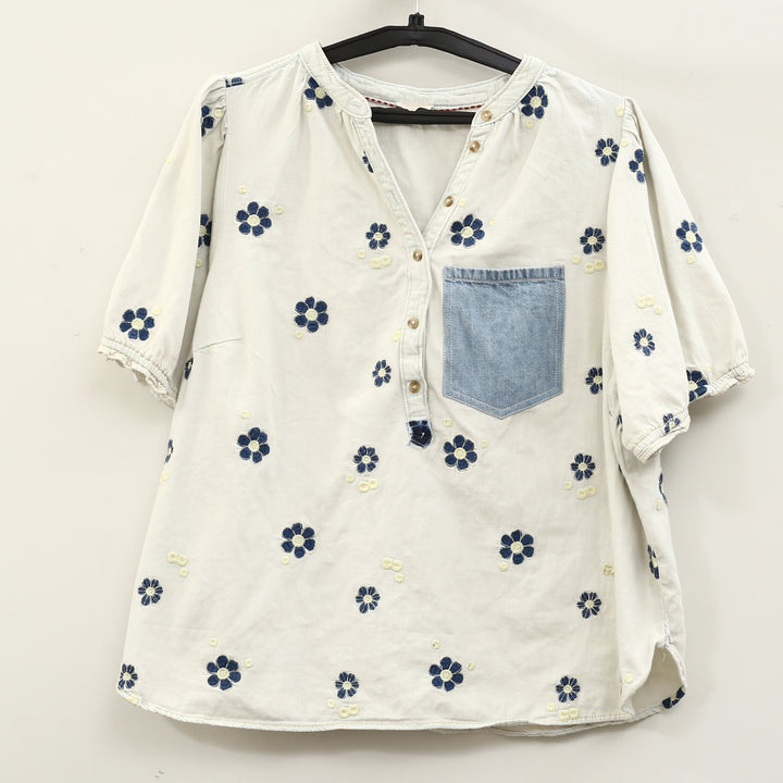 Anthropologie Pilcro Floral Embroidered Denim Tunic Top