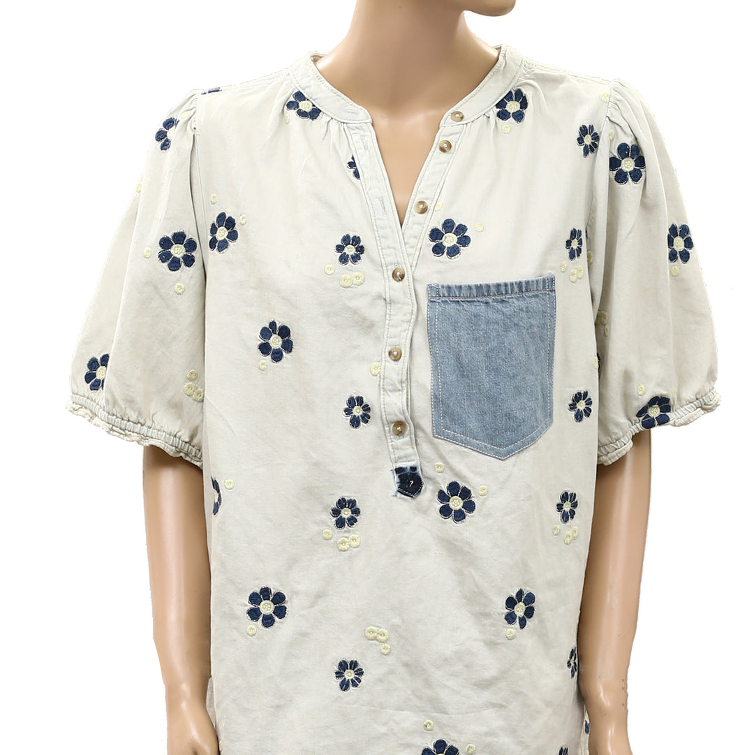 Anthropologie Pilcro Floral Embroidered Denim Tunic Top