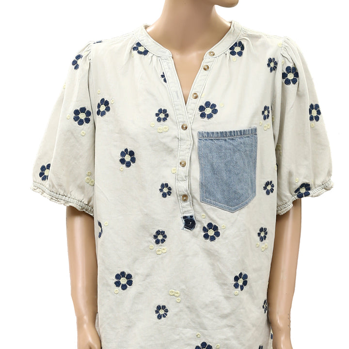 Anthropologie Pilcro Floral Embroidered Denim Tunic Top