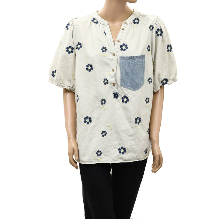 Anthropologie Pilcro Floral Embroidered Denim Tunic Top