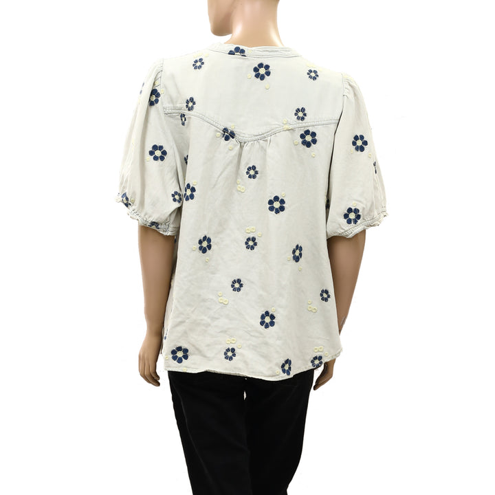 Anthropologie Pilcro Floral Embroidered Denim Tunic Top