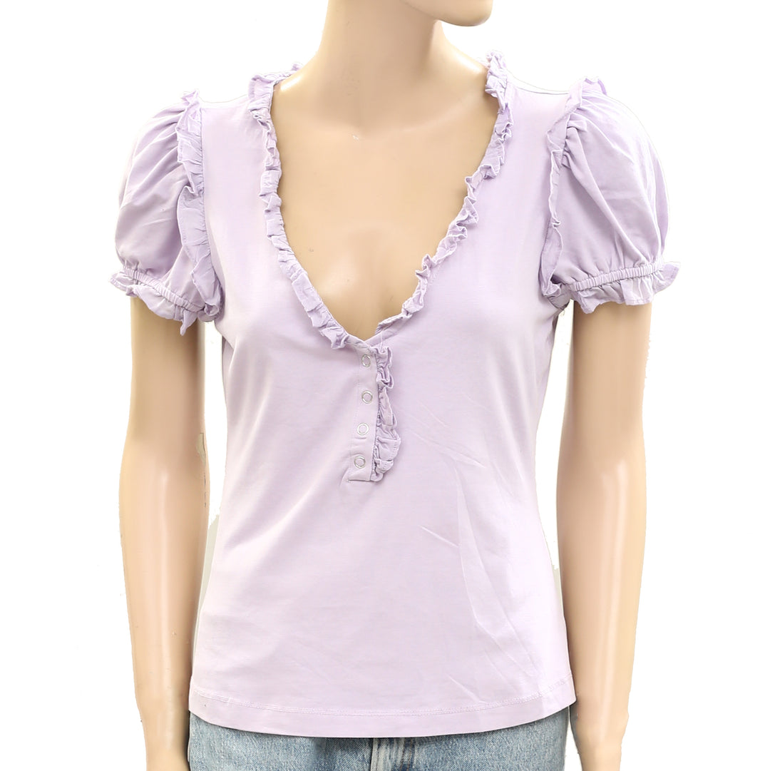 Maeve Anthropologie Puff-Sleeve Ruffle Henley Tee Blouse Top