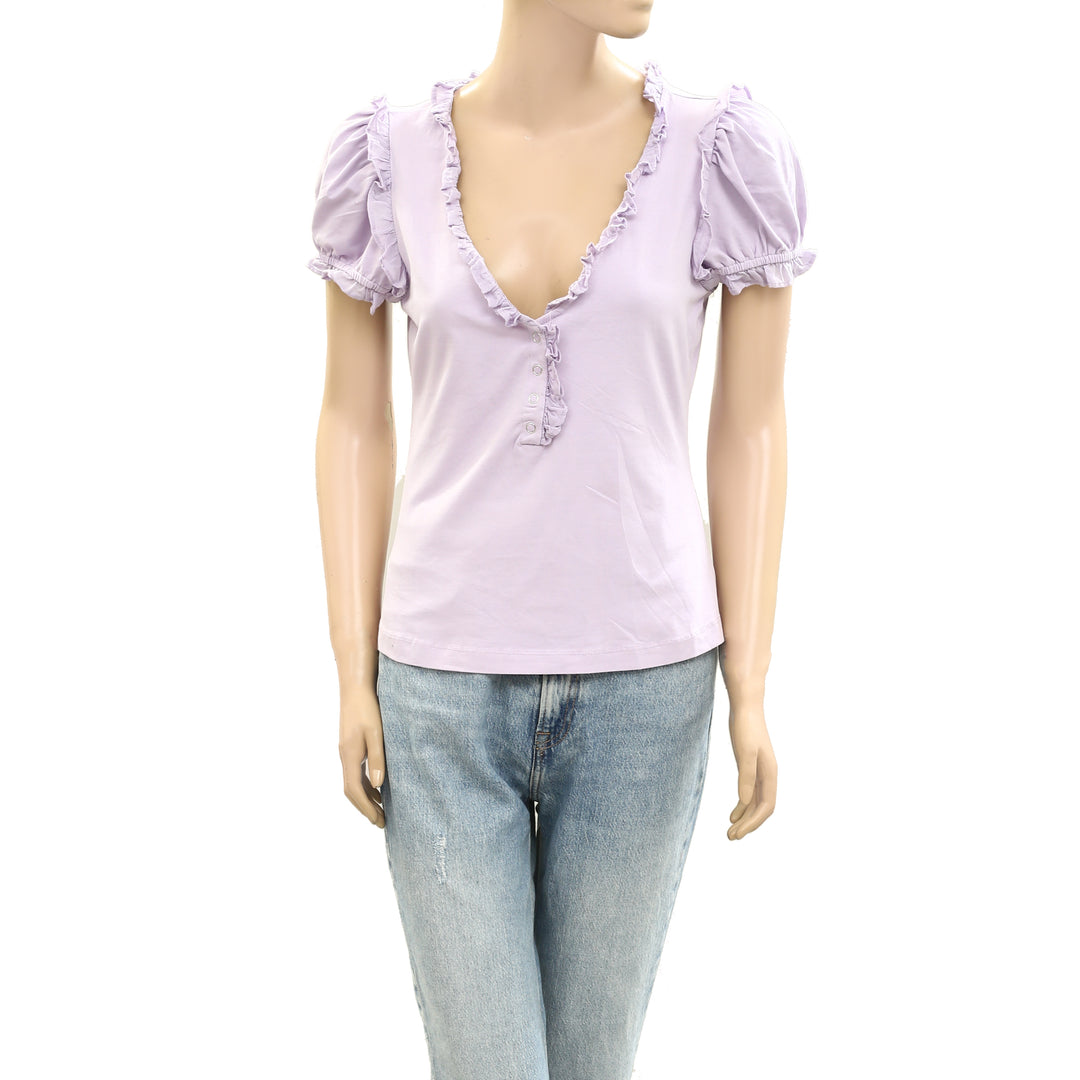 Maeve Anthropologie Puff-Sleeve Ruffle Henley Tee Blouse Top