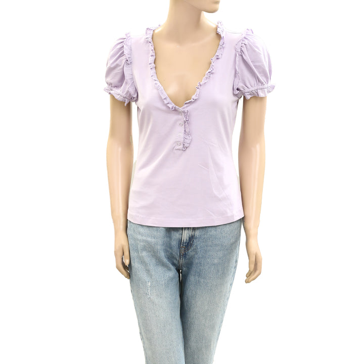 Maeve Anthropologie Puff-Sleeve Ruffle Henley Tee Blouse Top