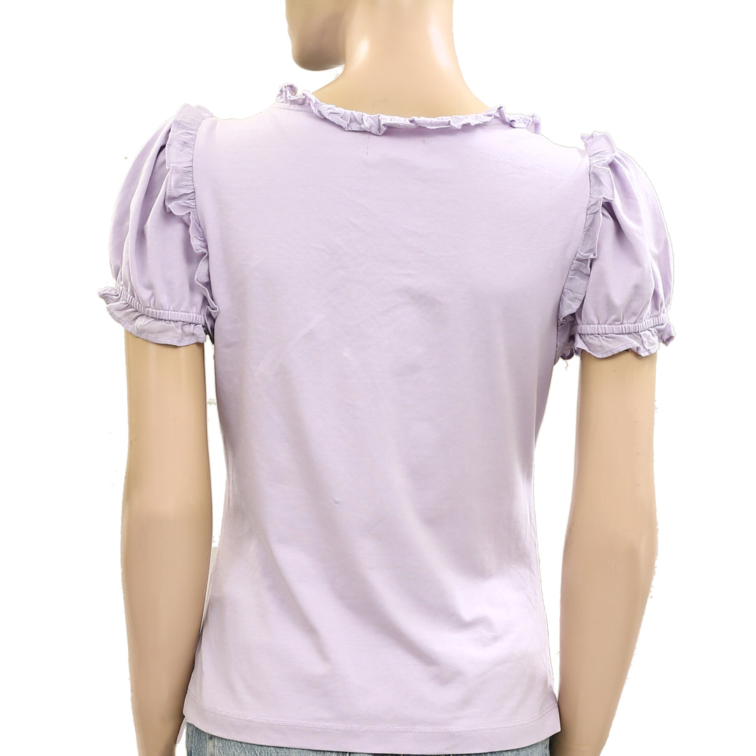 Maeve Anthropologie Puff-Sleeve Ruffle Henley Tee Blouse Top