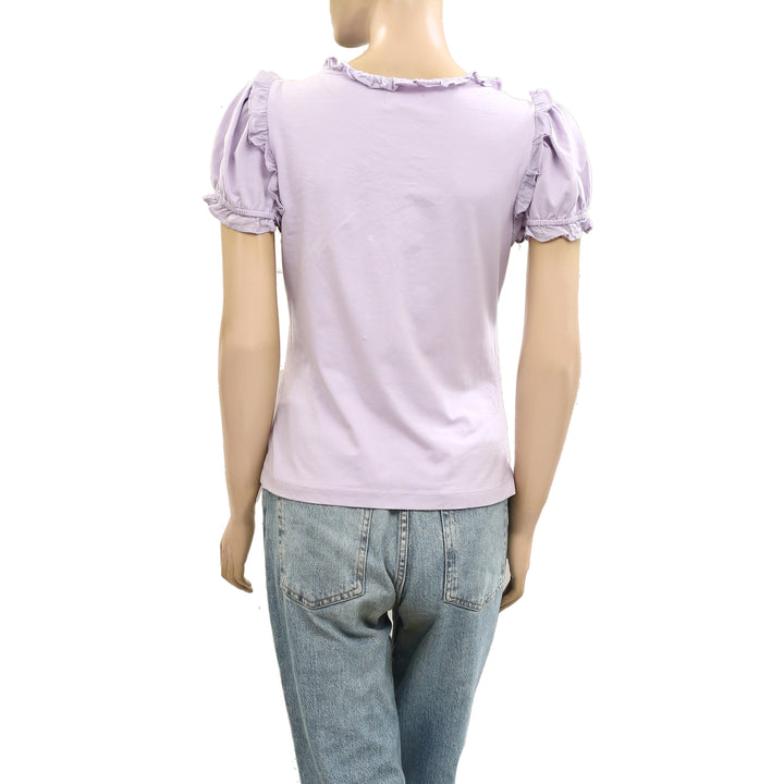 Maeve Anthropologie Puff-Sleeve Ruffle Henley Tee Blouse Top