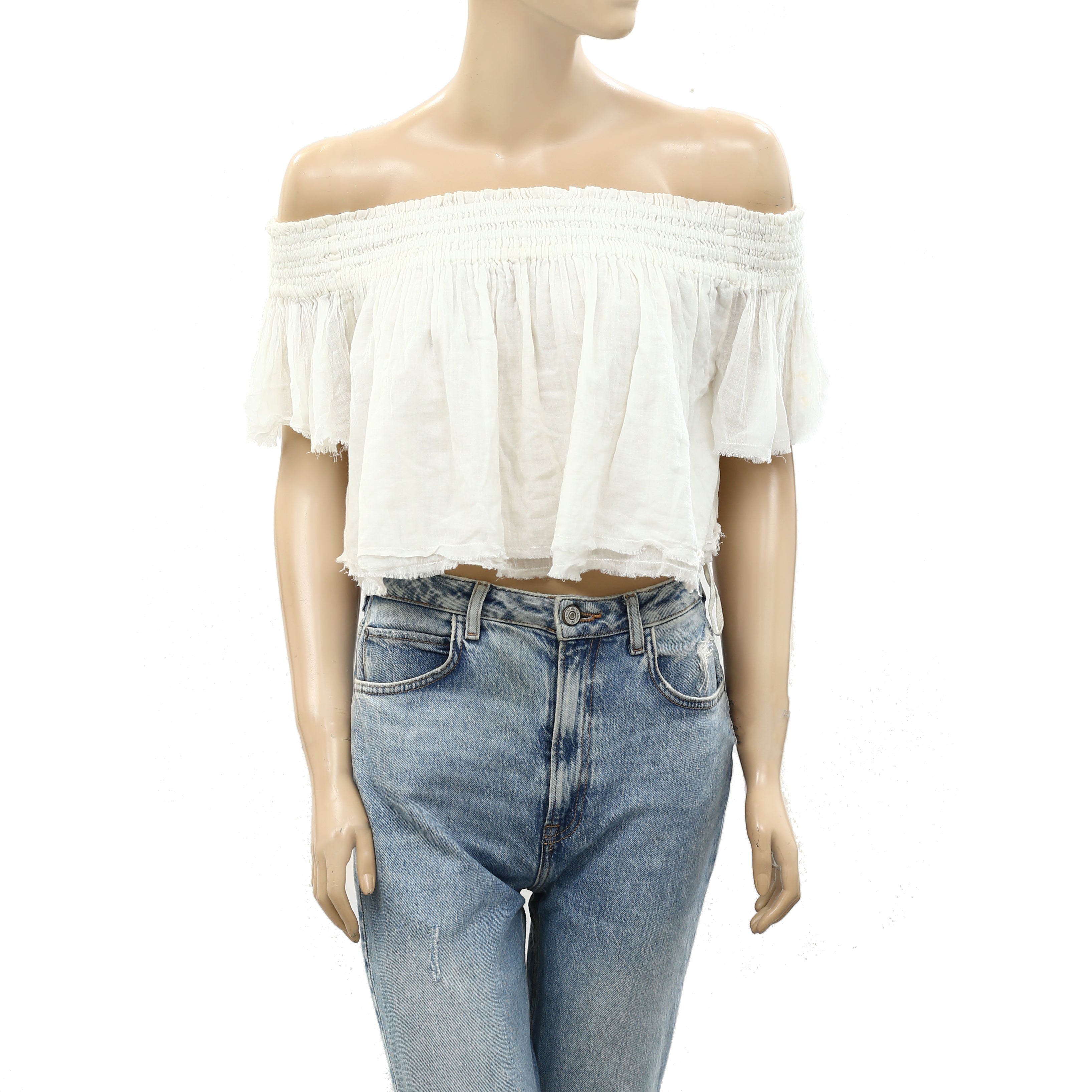 smocked white off the shoulder top