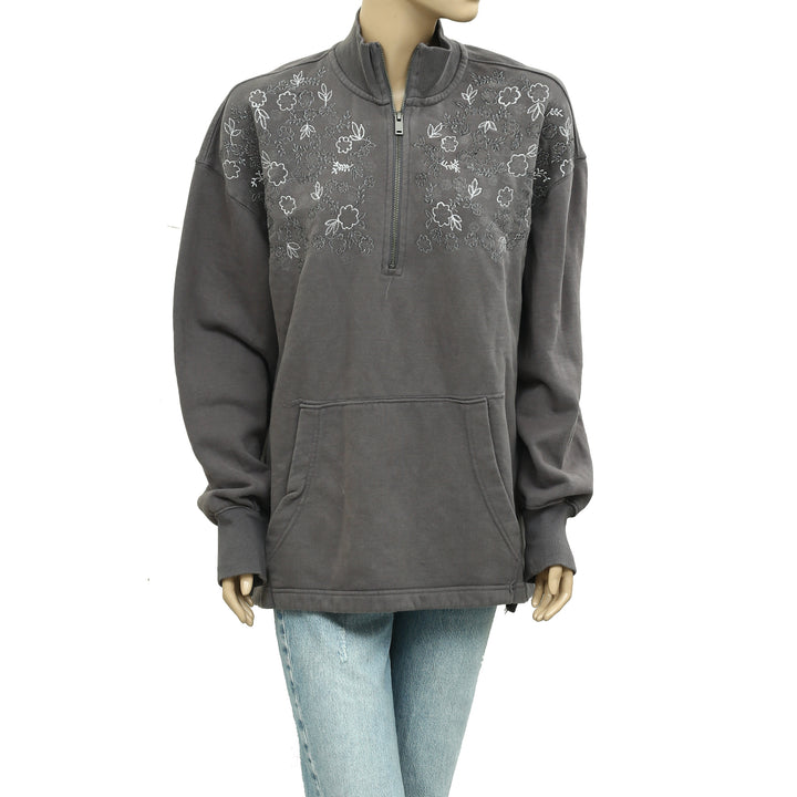 Free People Floral Embroidered Long Sleeve Sweatshirt Top