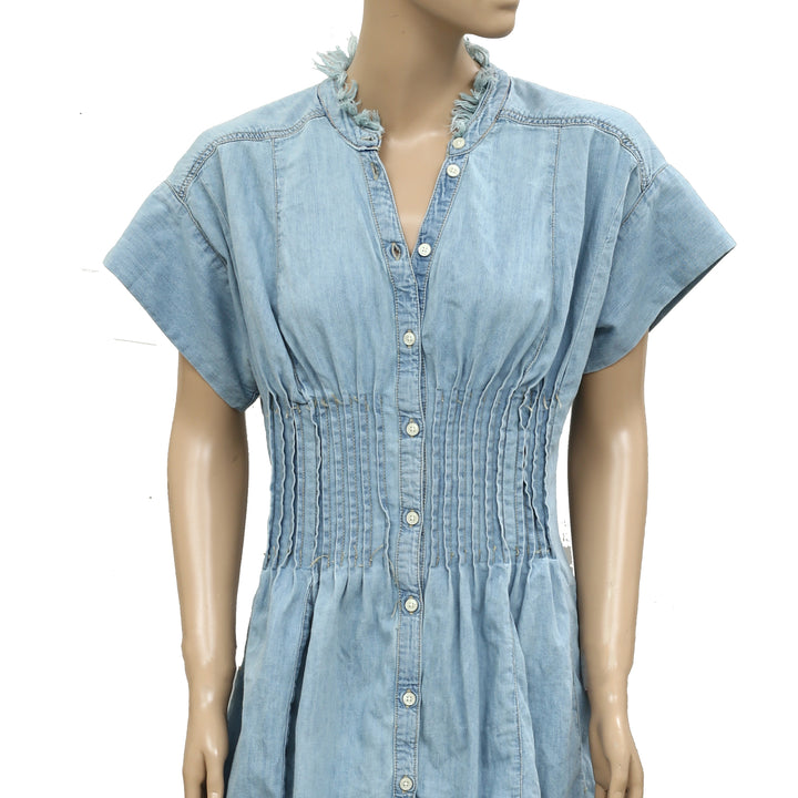 Anthropologie Pilcro Denim Light Shirred-Waist Buttondown Mini Dress