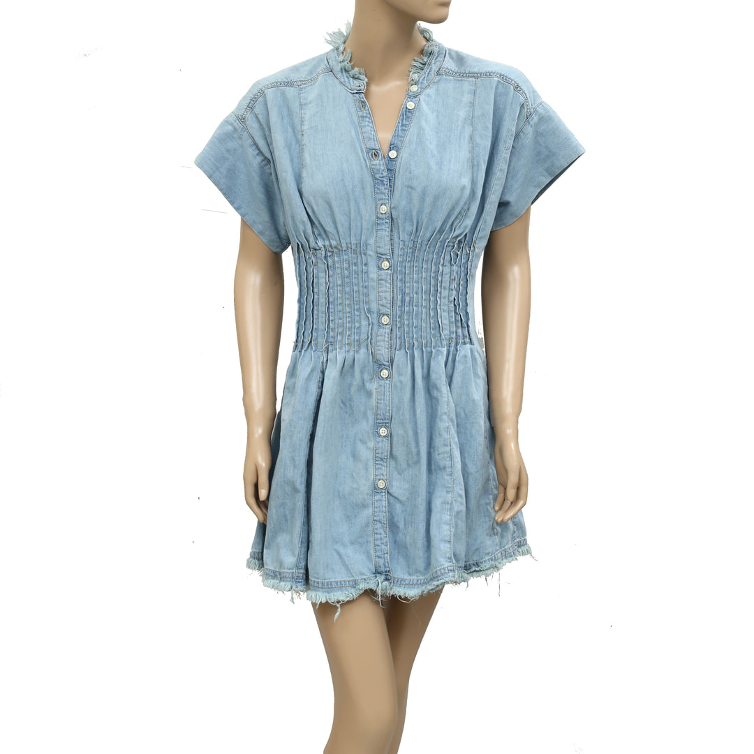 Anthropologie Pilcro Denim Light Shirred-Waist Buttondown Mini Dress