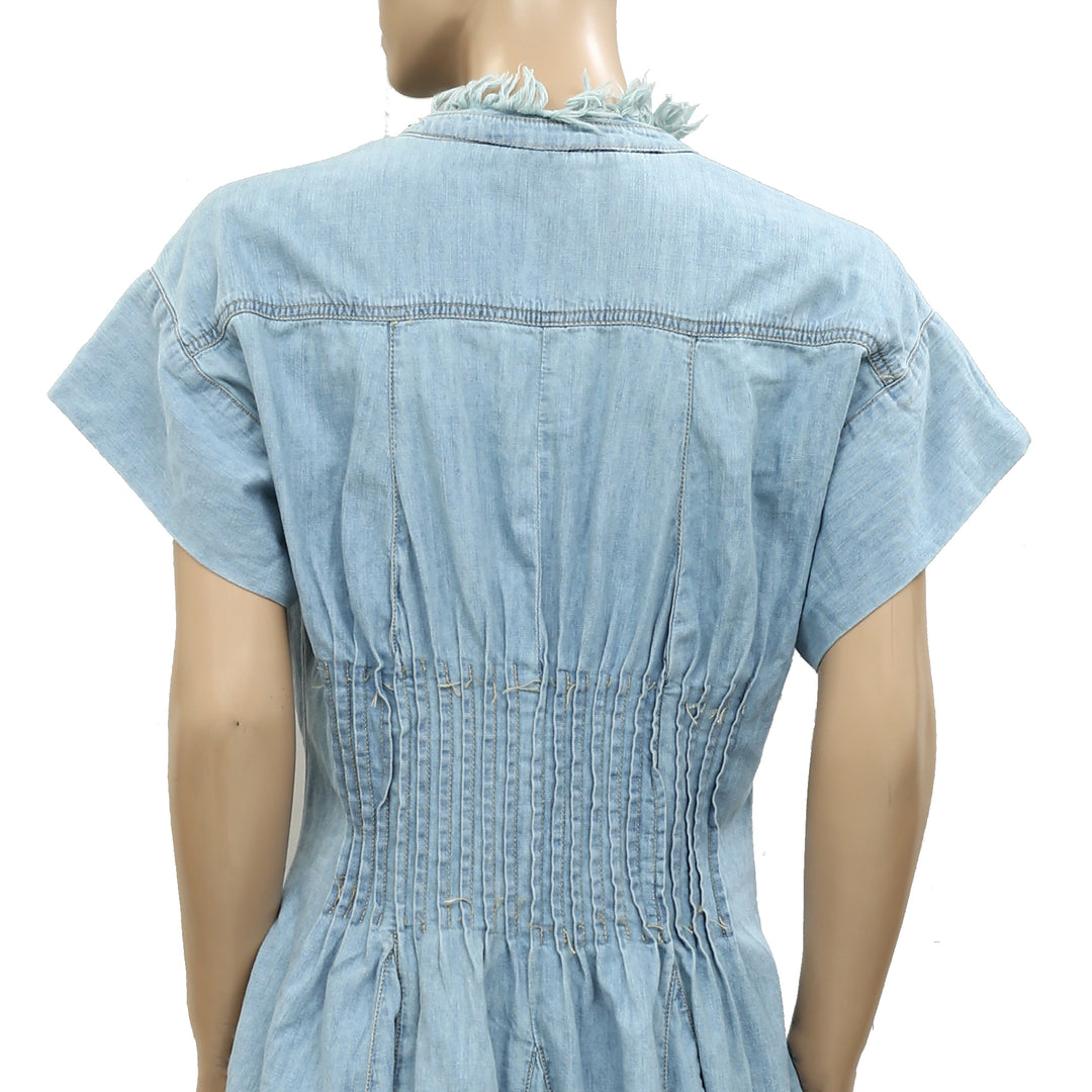 Anthropologie Pilcro Denim Light Shirred-Waist Buttondown Mini Dress