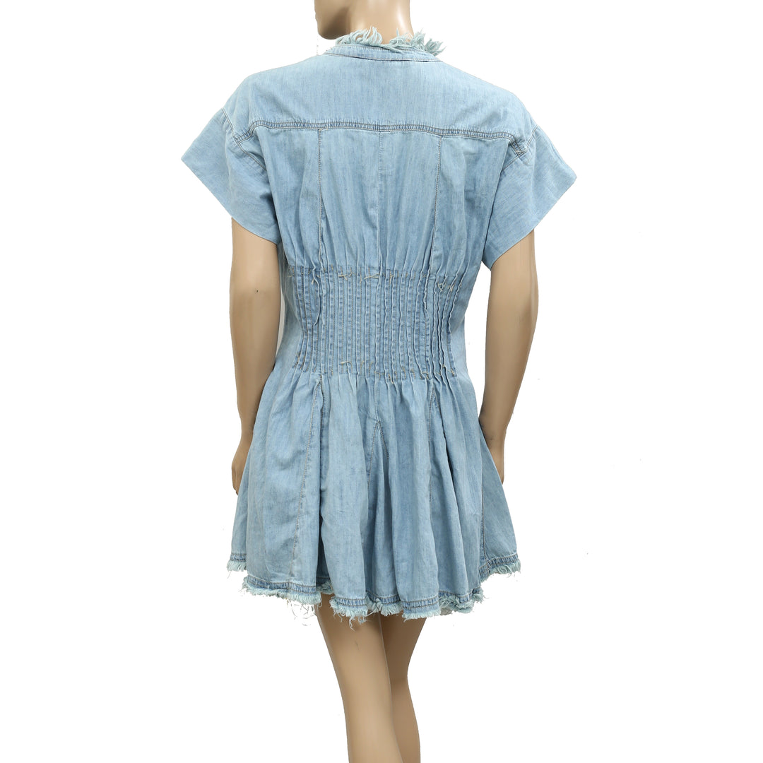 Anthropologie Pilcro Denim Light Shirred-Waist Buttondown Mini Dress