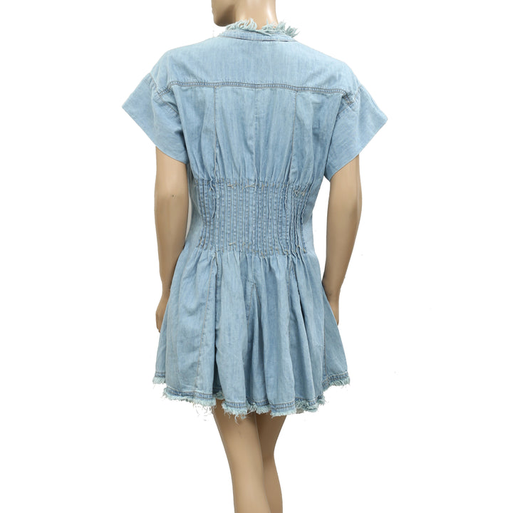 Anthropologie Pilcro Denim Light Shirred-Waist Buttondown Mini Dress