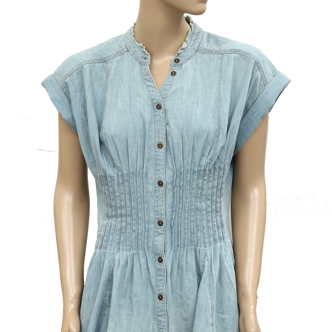 Anthropologie Pilcro Denim Light Shirred-Waist Buttondown Mini Dress