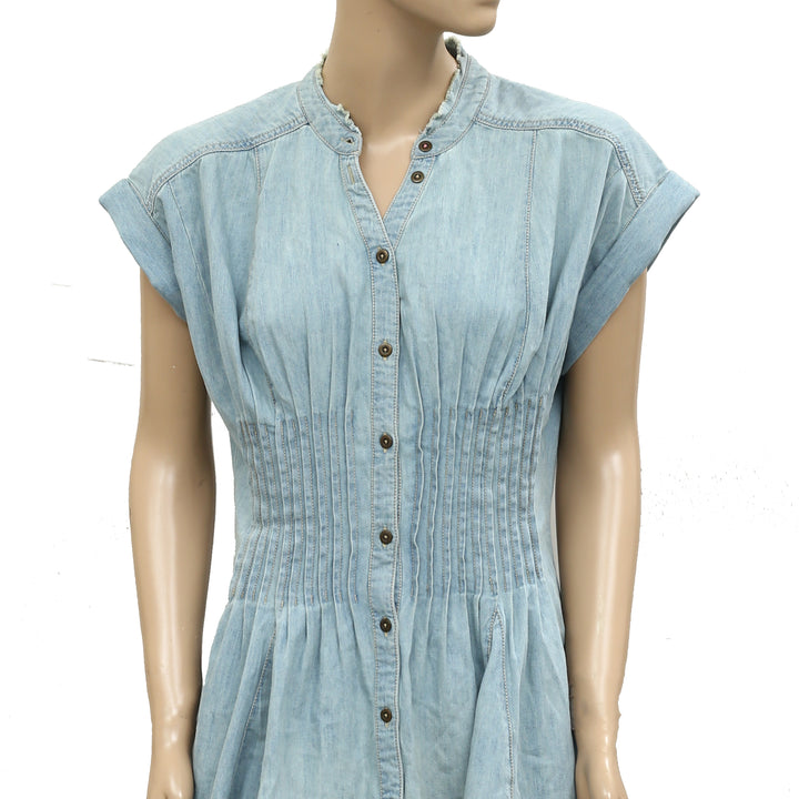 Anthropologie Pilcro Denim Light Shirred-Waist Buttondown Mini Dress