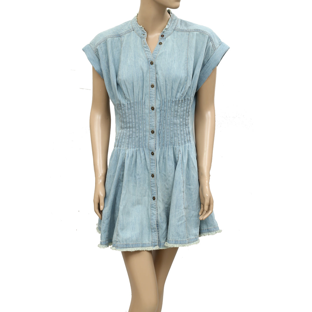Anthropologie Pilcro Denim Light Shirred-Waist Buttondown Mini Dress