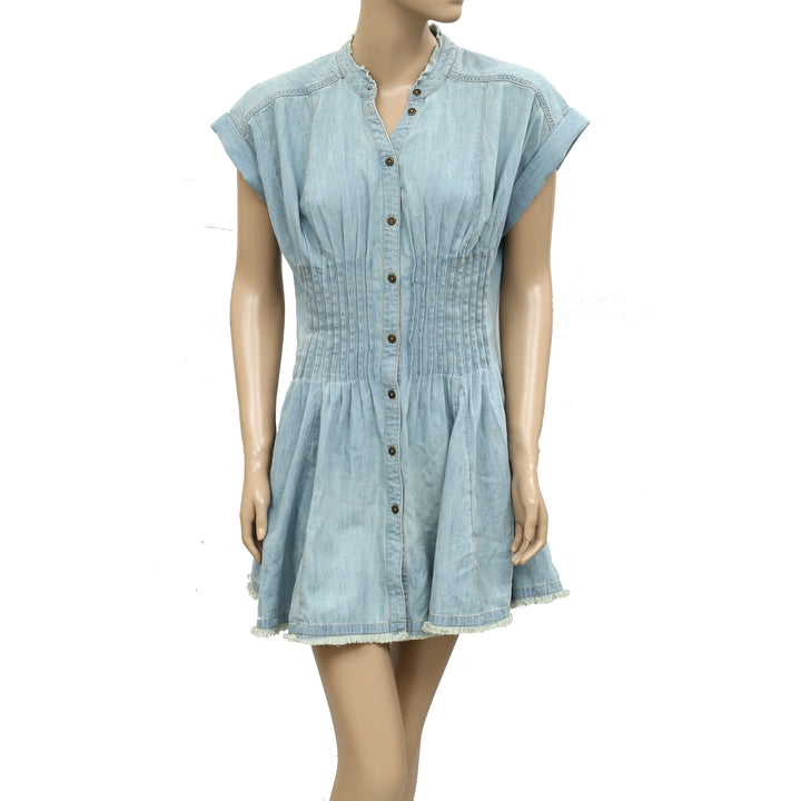 Anthropologie Pilcro Denim Light Shirred-Waist Buttondown Mini Dress