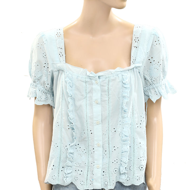 By Anthropologie Puff-Sleeve Eyelet Blouse Top