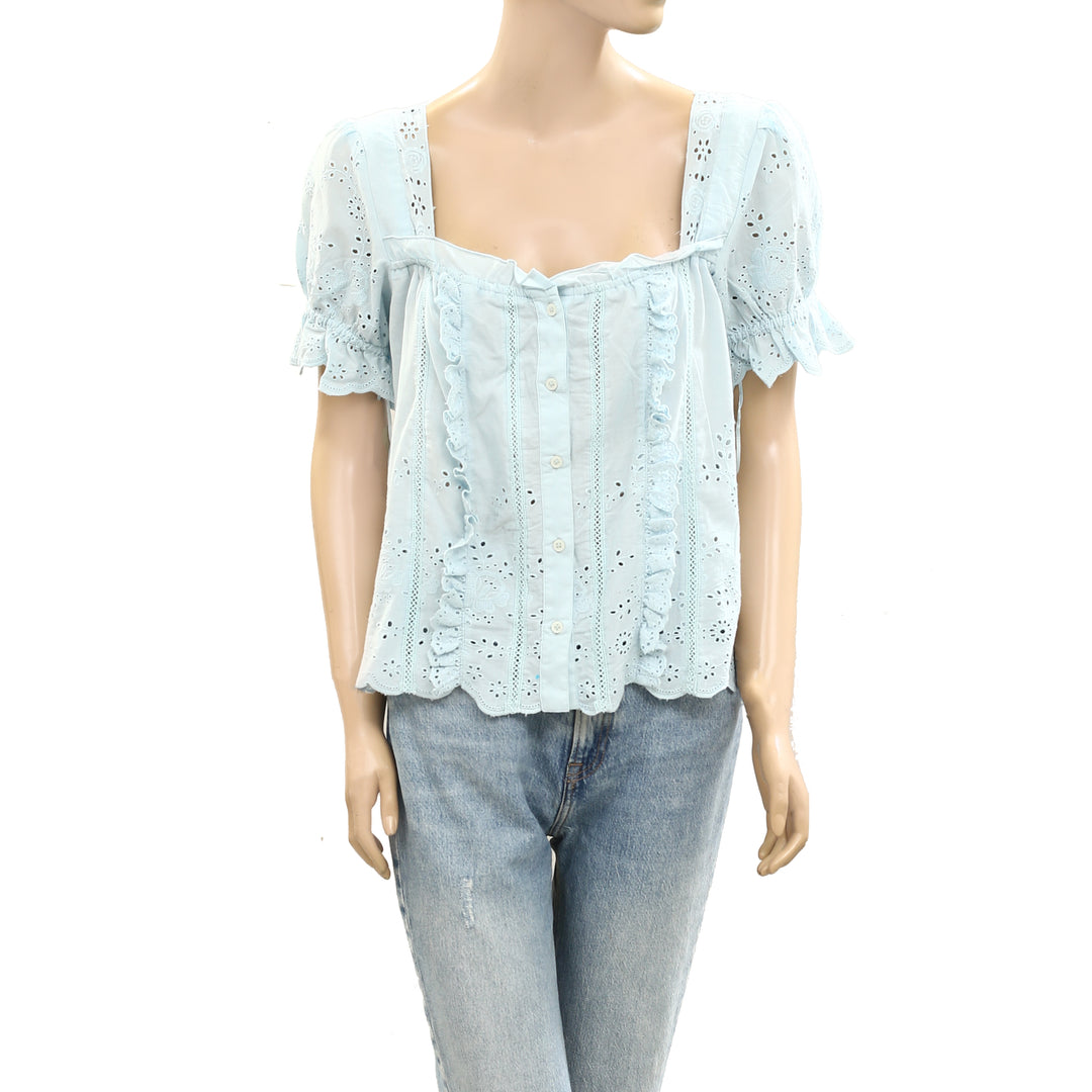 By Anthropologie Puff-Sleeve Eyelet Blouse Top