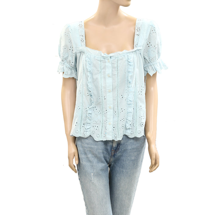 By Anthropologie Puff-Sleeve Eyelet Blouse Top