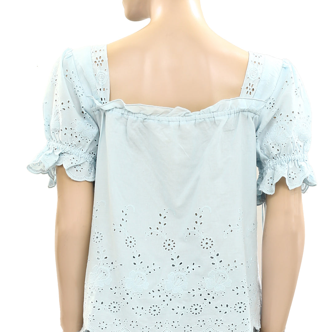 By Anthropologie Puff-Sleeve Eyelet Blouse Top