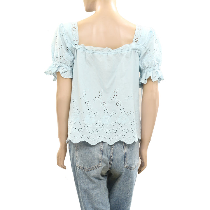 By Anthropologie Puff-Sleeve Eyelet Blouse Top