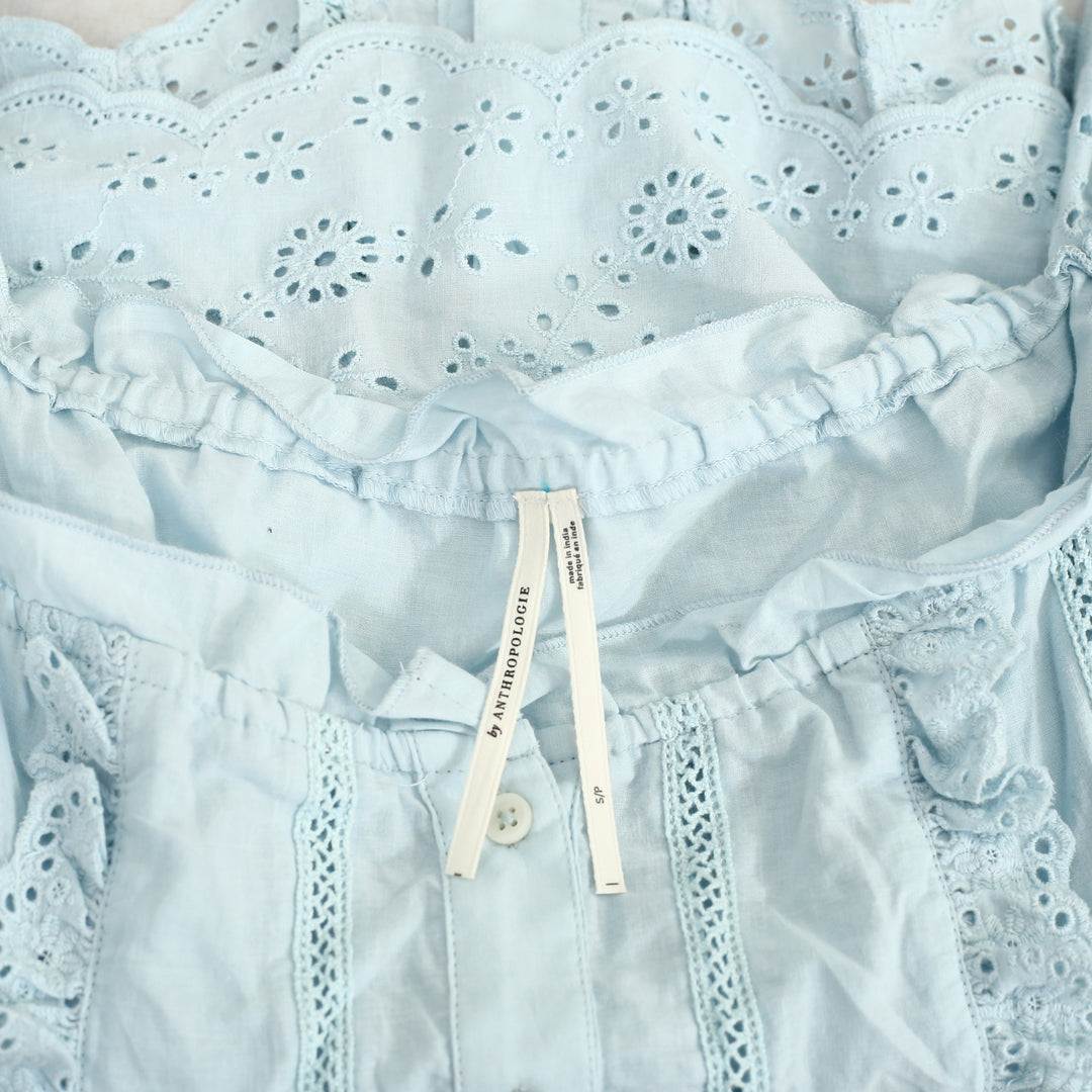 By Anthropologie Puff-Sleeve Eyelet Blouse Top