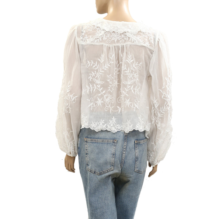 Free People Dreamer Girl Embroidered Blouse Top