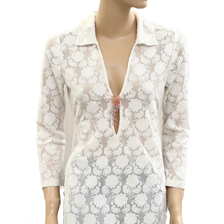 By Anthropologie 3/4 Sleeve Sheer Lace Top