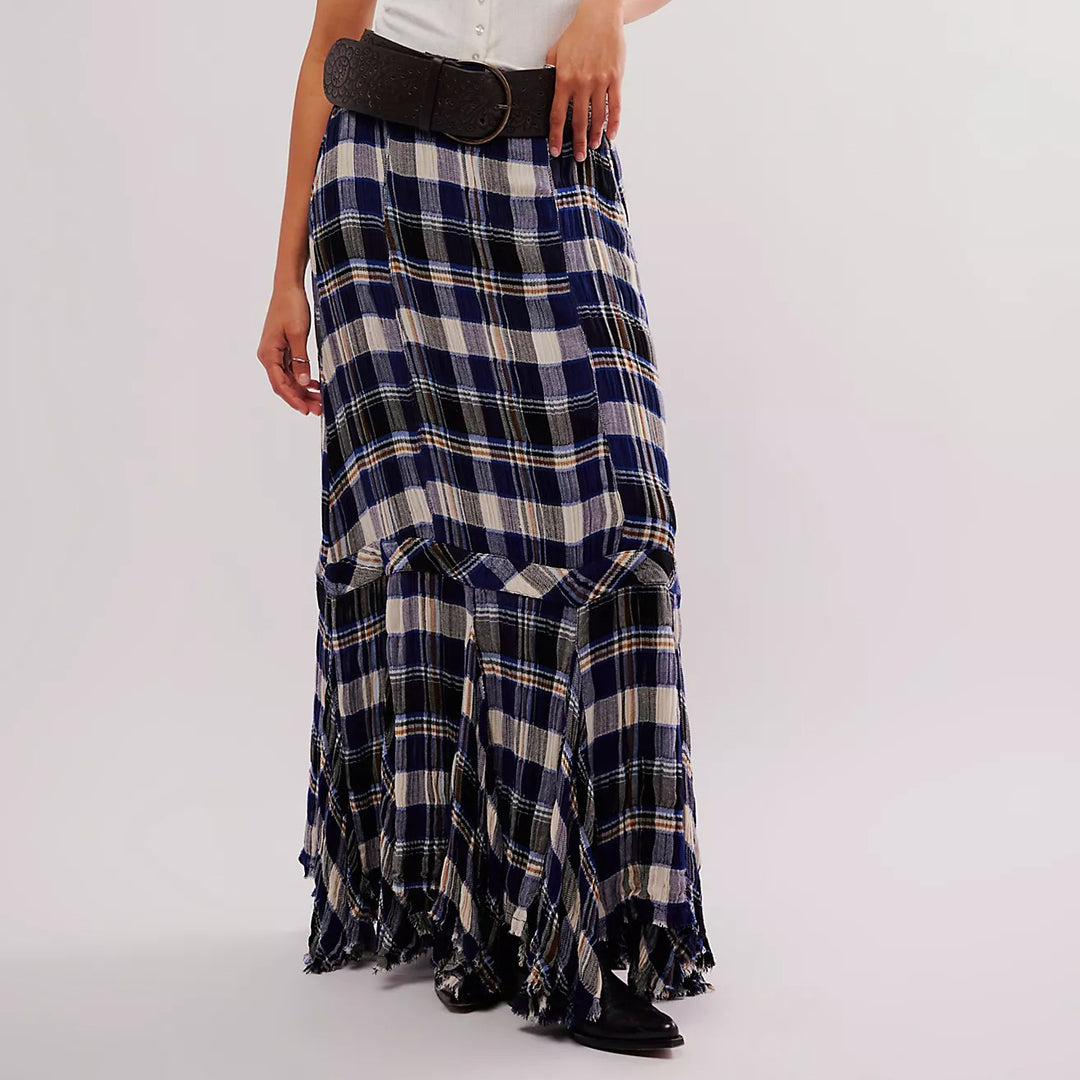 Free People Bordeaux Plaid Print Maxi Skirt