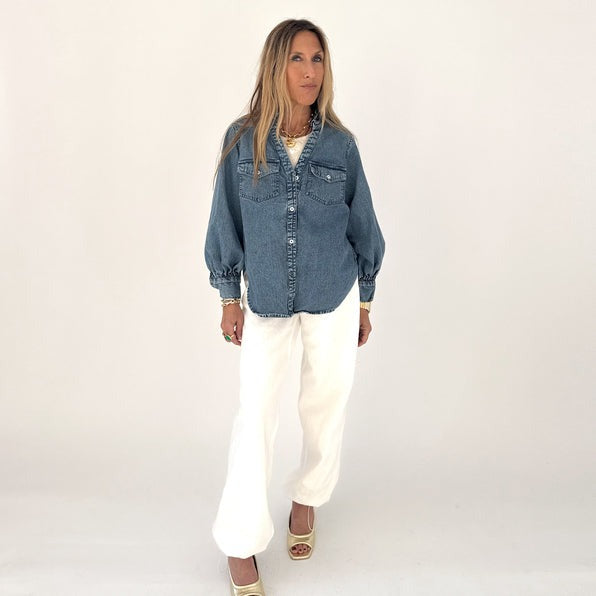 Kerri Rosenthal Puff Sleeve Denim Shirt Top