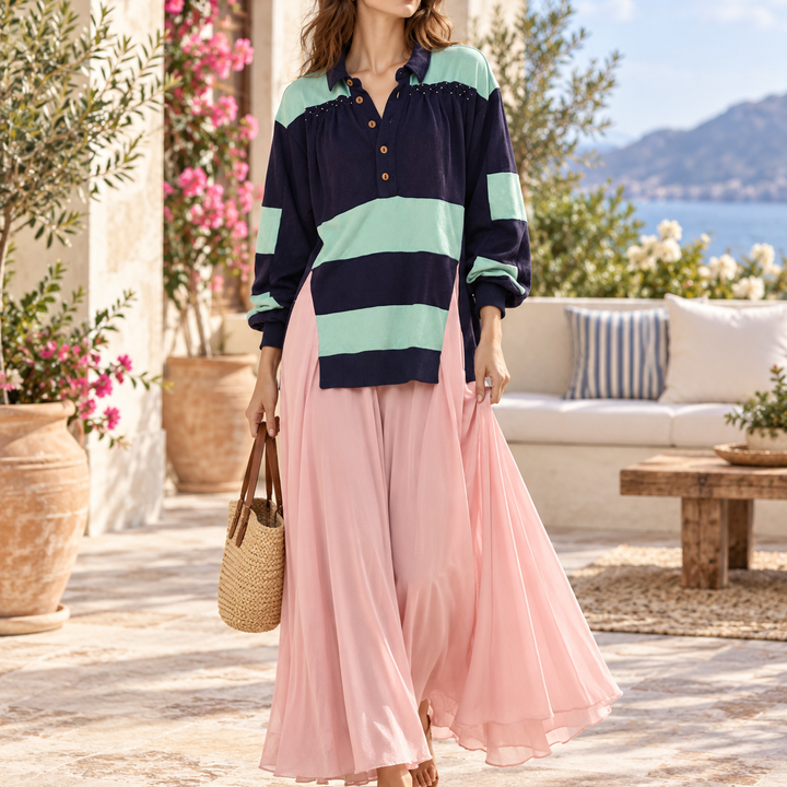 Free People Collared Long Sleeve Color-Block Oversized Long Dress