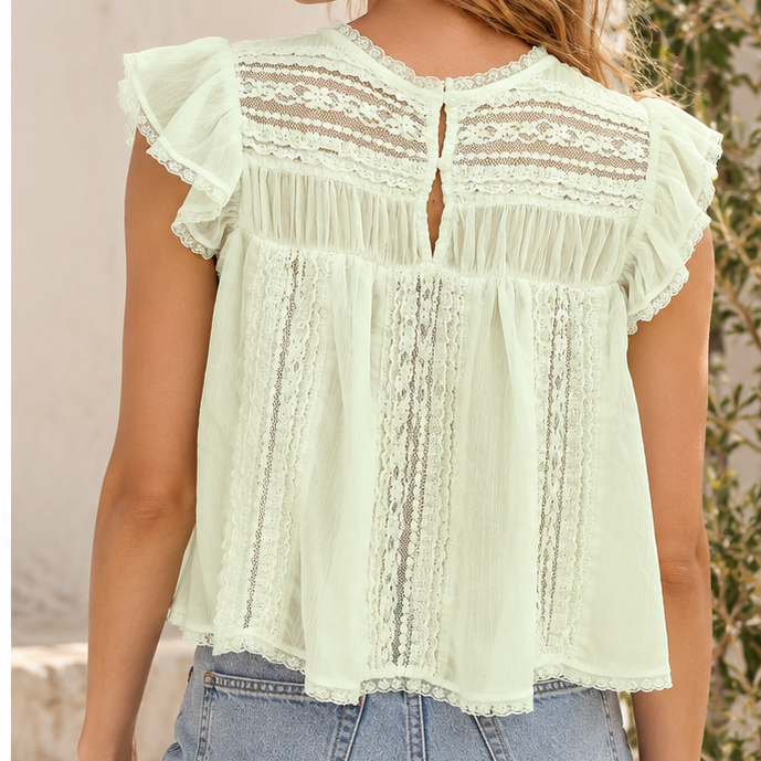 Free People Sun Drenched Sheer Lace Cropped Blouse Top