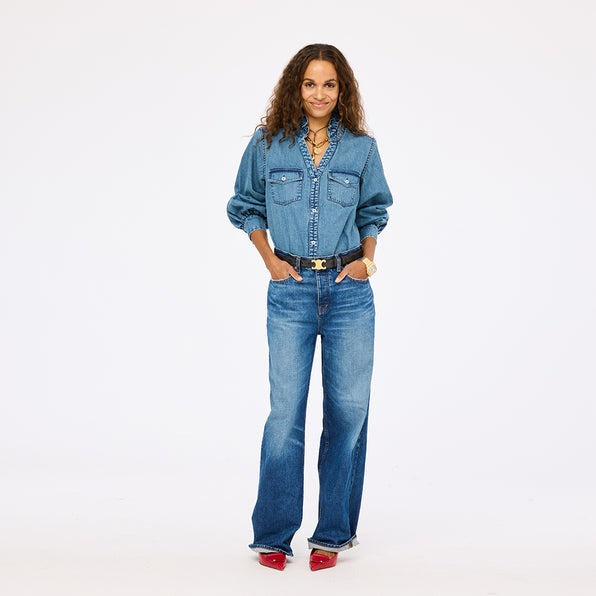 Kerri Rosenthal Puff Sleeve Denim Shirt Top