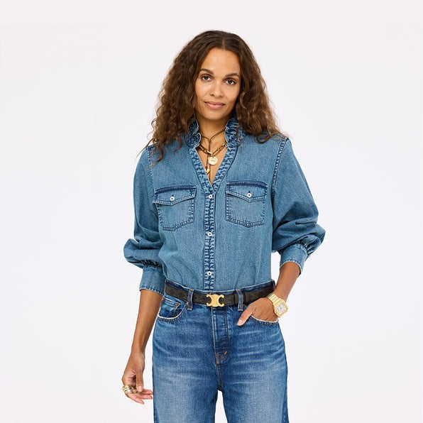 Kerri Rosenthal Puff Sleeve Denim Shirt Top
