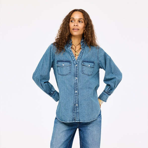 Kerri Rosenthal Puff Sleeve Denim Shirt Top