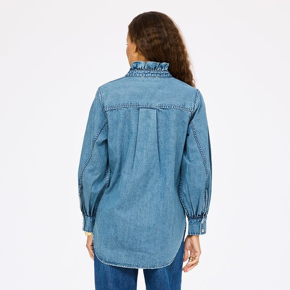 Kerri Rosenthal Puff Sleeve Denim Shirt Top